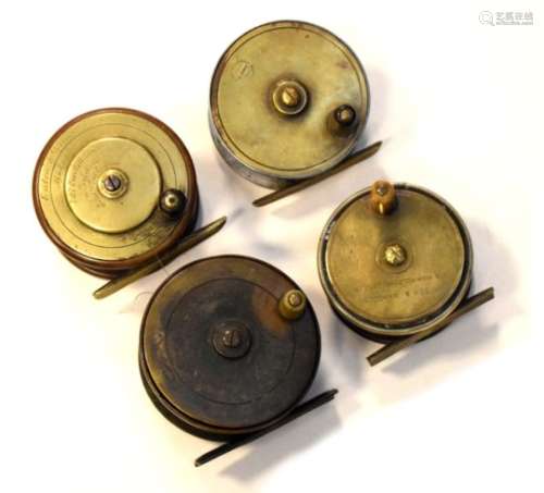 Four fishing reels, comprising: H.W. Gave & Co Columbo brass reel, Watson & Hancock brass and