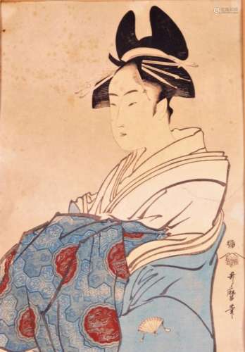 19thC Japanese School. Figure of a geisha, wood cut block print, signed, 36cm x 25cm.