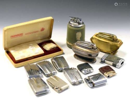 Assorted cigarette lighters to include; cased Ronson Varaflame mother-of-pearl cigarette case and