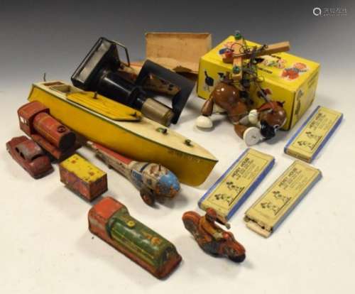 Mixed quantity of vintage 20th Century toys to include tin plate clockwork toys, Hornby Meccano