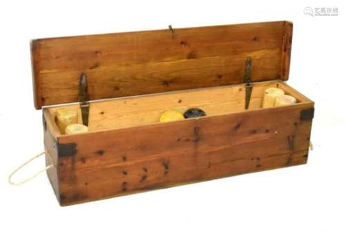 Wooden boxed croquet set having three mallets, hoops and four balls