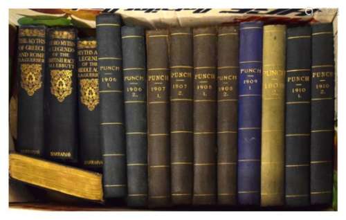 Books - Ten London Charivari Punch volumes to include 1910 (1 and 2), 1909 (1 and 2), 1908 (1 and