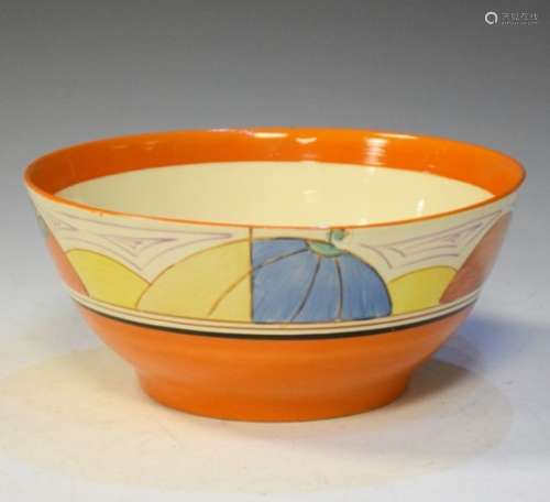 Clarice Cliff pottery bowl decorated in the Melon pattern with a band of sliced fruits, 21.5cm