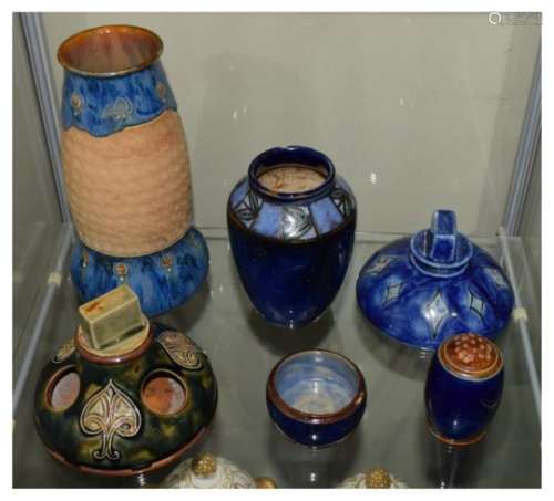 Six items of Doulton Lambeth stoneware to include two vases, largest 20cm high (6)
