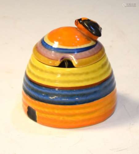 Clarice Cliff Fantasque honey pot of domed beehive form with applied bee and coloured banded