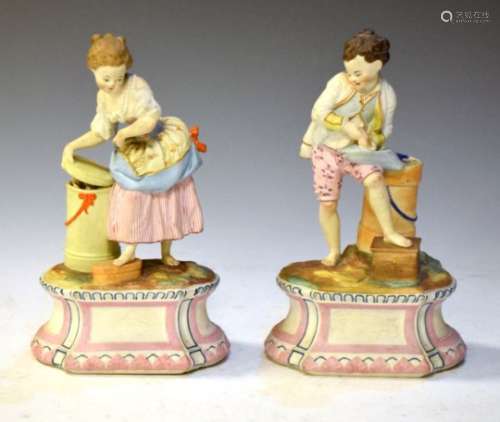 Pair of early 20th Century Continental bisque porcelain figures, a male stood beside a sundial