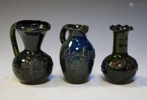 Local Interest - Three items of Elton (Clevedon) pottery comprising a bulbous vase and two jugs,