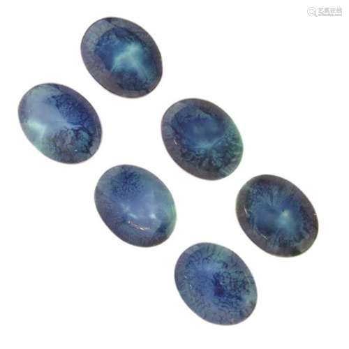 Six Ruskin pottery ceramic mounts, each of oval form with blue glaze, 4cm wide (6)