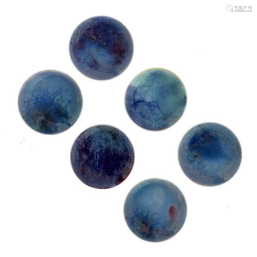 Six Ruskin pottery ceramic mounts, each of circular form with blue glaze, 3cm diameter (6)