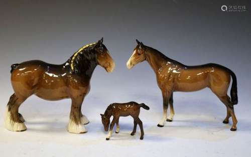 Three Beswick horses comprising Bois Roussel racehorse (second version) 701, Shire Mare 818, and