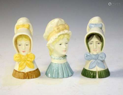 Three Royal Worcester porcelain candle snuffers, Old Woman, Mob Cap, and Young Girl (3)