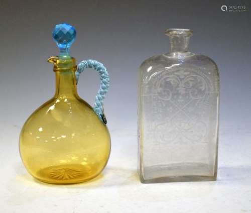 19th Century amber glass decanter bottle with turquoise rope-twist strap handle and faceted