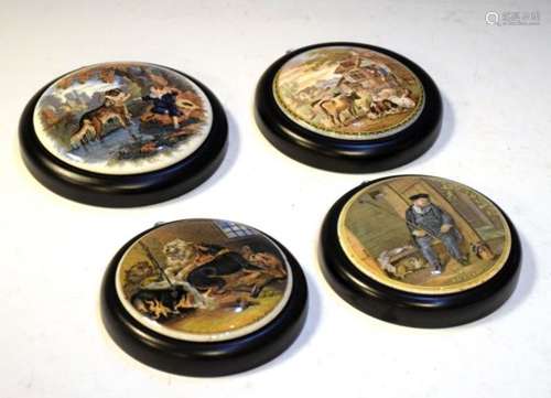 Four Victorian Prattware pot lids, Good Dog, The Red Bull Inn, On Guard and Pretty Kettle of Fish,