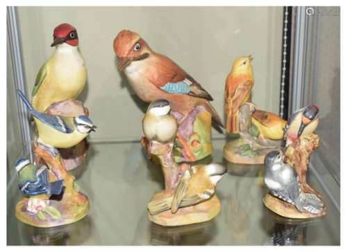 Six Royal Worcester porcelain bird figurines comprising: Woodpecker 3249, Jay 3248, Blue Tits