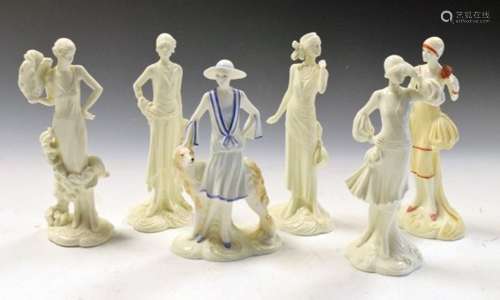 Six Royal Worcester Art Deco-style figurines comprising: Daisy 1922, Constance 1924, Clara 1925,