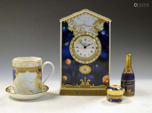 Royal Worcester porcelain Millennium Collection mantel clock, champagne bottle candle snuffer, mug