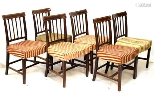 Set of six 19th Century mahogany Sheraton style dining chairs having satinwood inlaid bar backs,