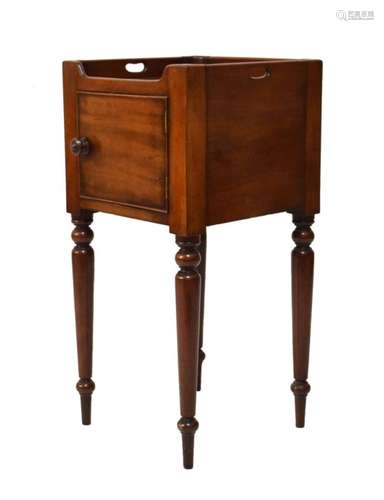 19th Century mahogany tray-top nightstand, fitted one door, raised on turned supports, 35.5cm wide