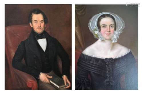 English School (19th Century) - Two oil on canvas portraits circa 1840 - Lady wearing a black dress,