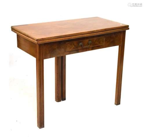 19th Century mahogany rectangular fold-over top tea table, fitted one frieze drawer, raised on