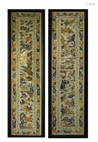 Pair of Oriental embroidered silk sleeve panels, in ebonised frames, 51cm x 11cm