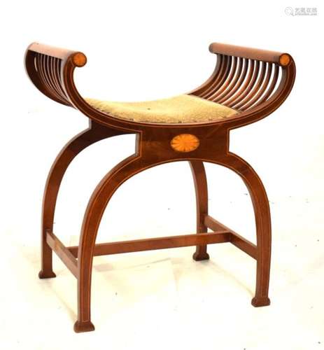 Edwardian mahogany and string inlaid X-frame music stool, 58cm wide