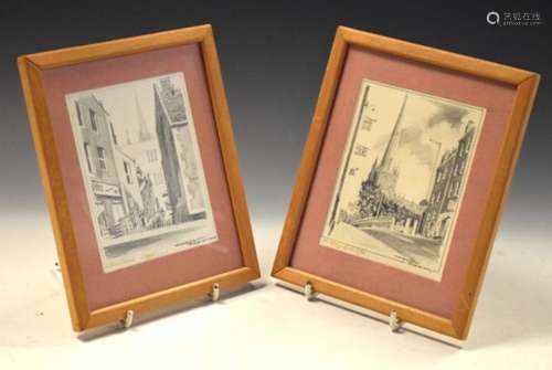 Robert Scott - Pencil sketches of Christmas Steps and St Mary Redcliffe, signed, 13cm x 10cm, framed