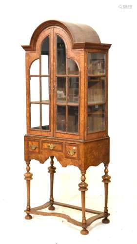 Old reproduction Queen Anne-style burr elm and mahogany crossbanded arch top display cabinet, the