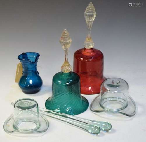 Two Nailsea-type glass bells, two novelty glass top hats, pair of glass drumsticks, and blue trailed