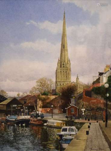 Jeremy Storr - Watercolour - Merchants Quay and St Mary Redcliffe Church, Bristol, 36cm x 27.5cm,