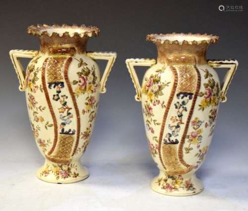 Pair of late 19th Century Staffordshire transfer printed two-handled pottery vases, 31.5cm high