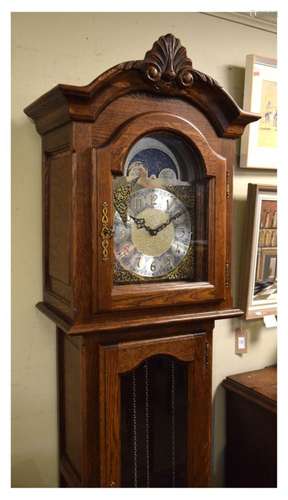 Reproduction longcase clock having brass dial and Westminster, St Michael and Whittington chimes,