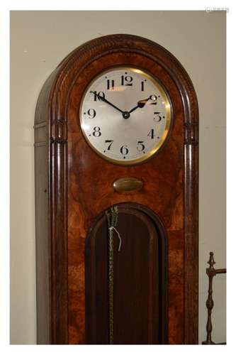 Gustav Becker - 1920's period oak cased and burr walnut veneered longcase clock having arched top,