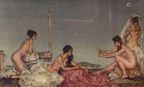 After Sir William Russell Flint, unsigned coloured print - 'The Silver Mirror', 27cm x 43.5cm,