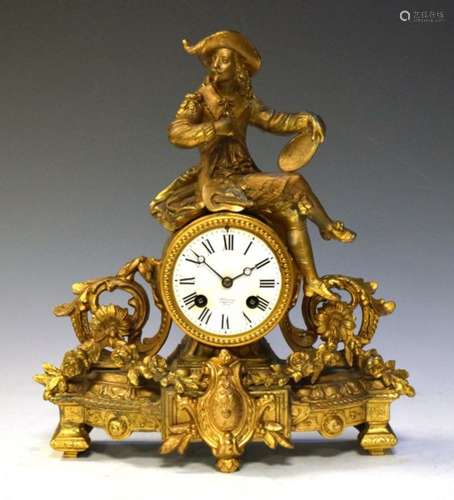 J.W. Benson (retailer) - French gilt metal mantel clock having white enamel dial, Roman numerals,