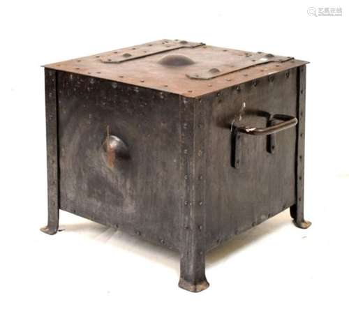 Early 20th Century Arts & Crafts style patinated coal box having hinged cover and large strapwork