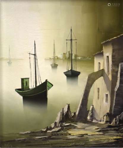 Gilbert Bria - Oil on canvas - 'Les Vieilles Maisons', framed, 63cm x 51.5cm