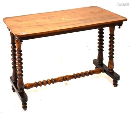 Victorian walnut and beech string inlaid rectangular side table, raised on turned supports, 88.5cm