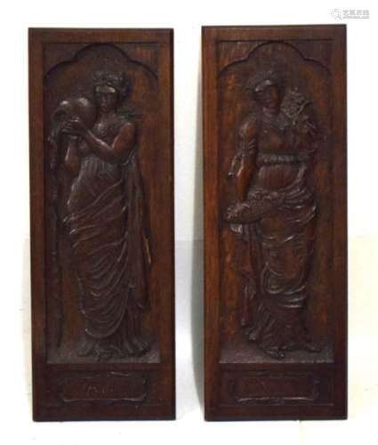 Pair of late 19th/early 20th Century rectangular carved oak panels titled 'Water' and 'Earth',