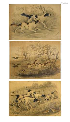 Set of three hunting dog lithographs titled 'Pencil Drawings' (No.4, 9, and 10) by W. Lake, slight