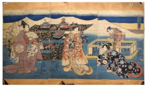 Japanese woodblock print depicting courtesans, 33cm x 74cm, unframed