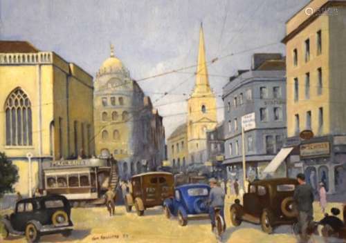 Tom Hallifax - Oil on board - High Street, Bristol with St Nicholas Church, 23cm x 35cm, unframed