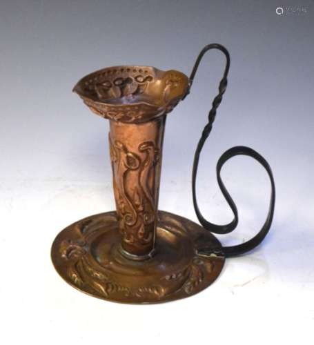Early 20th Century Arts & Crafts copper and wrought iron chamber candlestick, 19.5cm high