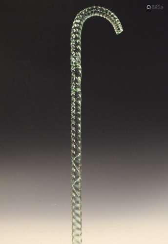 Green glass walking cane of rope twist design, 118cm high