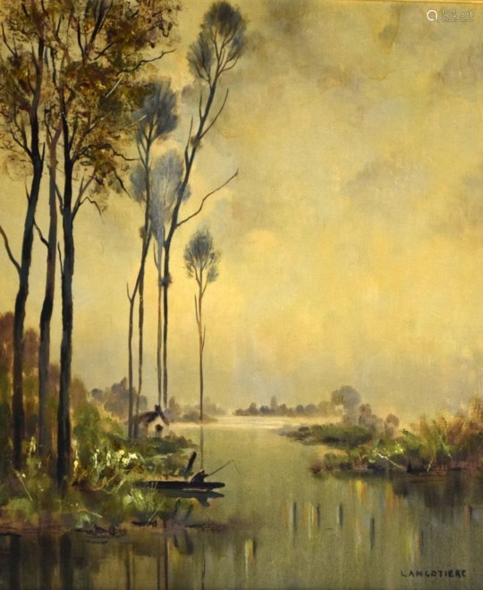 Langotiere (20th Century) - Oil on canvas - River scene with figure in ...