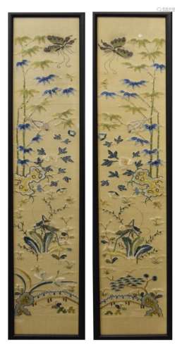 Pair of Chinese embroidered silk sleeve panels decorated with bamboo, butterflies, birds, insects,