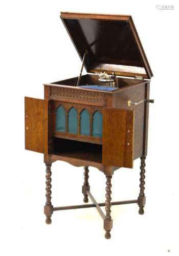 Lissenola oak-cased floor-standing wind-up gramophone cabinet with integral speaker
