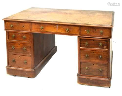 Late Victorian mahogany twin pedestal desk with moulded oblong top on three frieze drawers and two