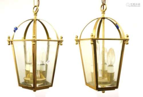 Pair of modern lacquered brass hanging lanterns or ceiling lights, each of pentagonal form,