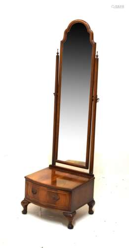 Mahogany cheval mirror in the Queen Anne taste with shaped arched mirror plate on bowfront base with